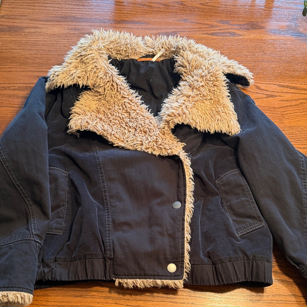 Free People denim and fur coat jacket size small